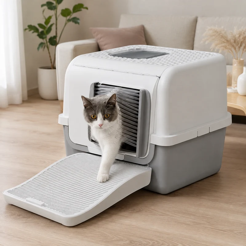 Geschlossene Katzentoilette mit Streufang-Rampe