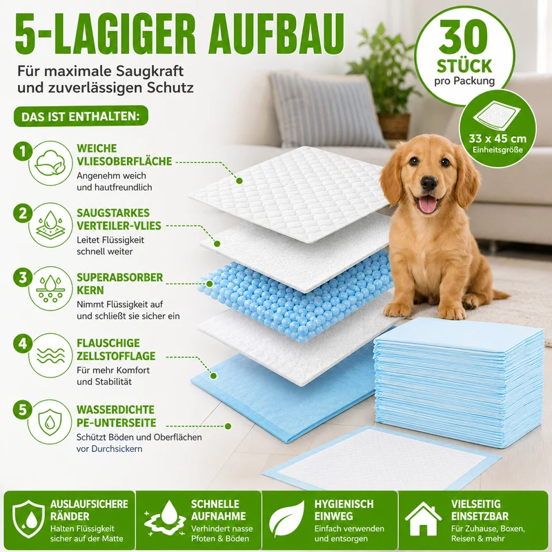 5-Lagige Extra Saugfähige Hundetrainingsunterlagen mit Auslaufschutz
