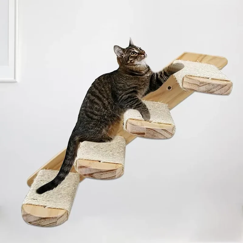 Katzenklettertreppe zur Wandmontage aus Holz mit Sisal