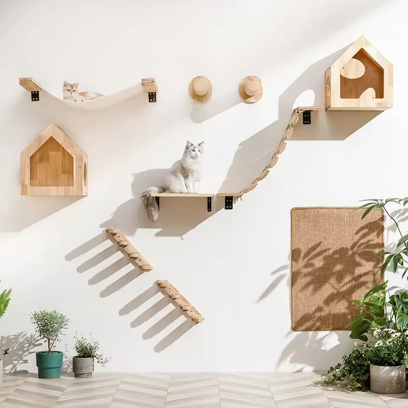 Katzenklettertreppe zur Wandmontage aus Holz mit Sisal