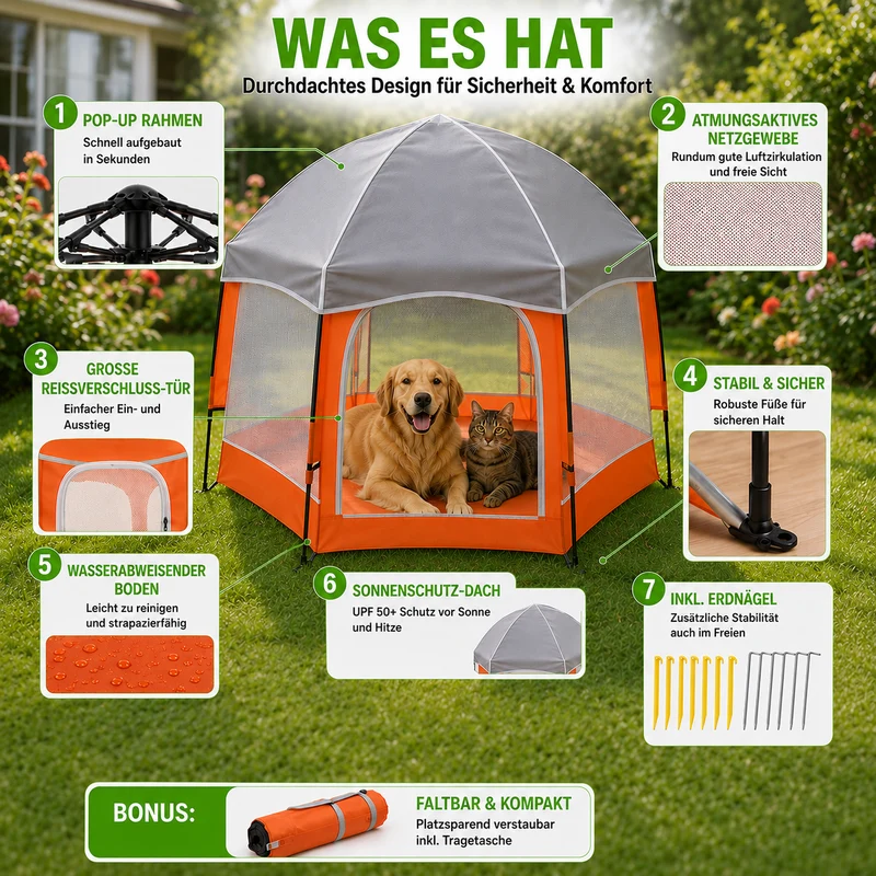 Faltbarer Hunde- & Katzenlaufstall mit Pop-Up-System