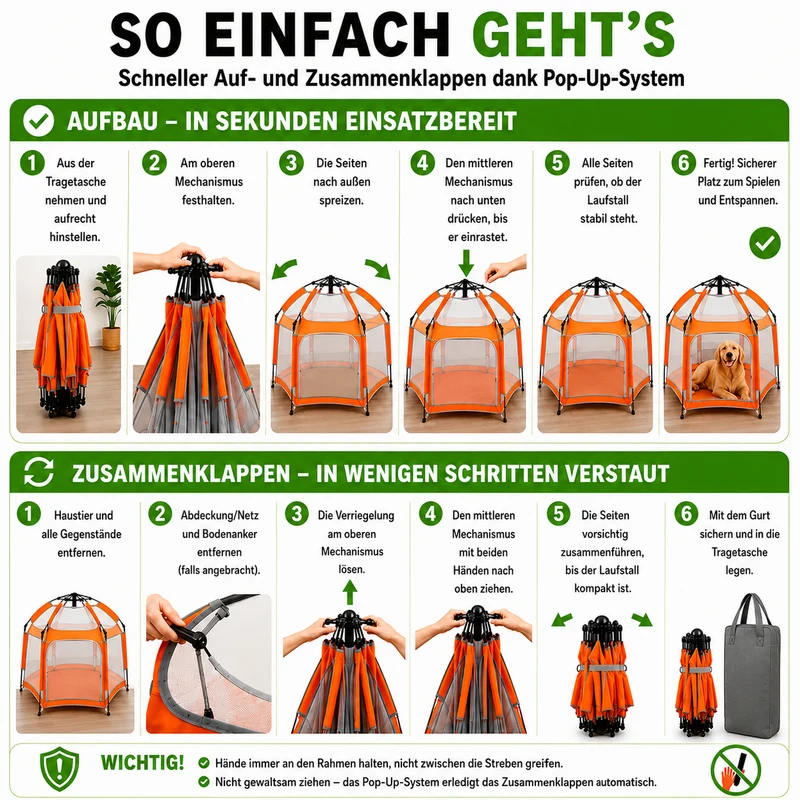 Faltbarer Hunde- & Katzenlaufstall mit Pop-Up-System