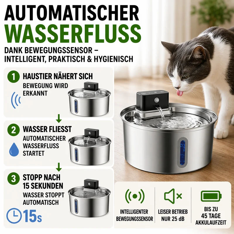 Kabelloser Edelstahl Trinkbrunnen 3,2 L mit 45 Tage Akku