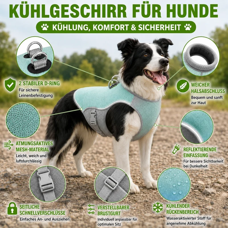 Kühlweste Hund mit Geschirr und Reflektoren