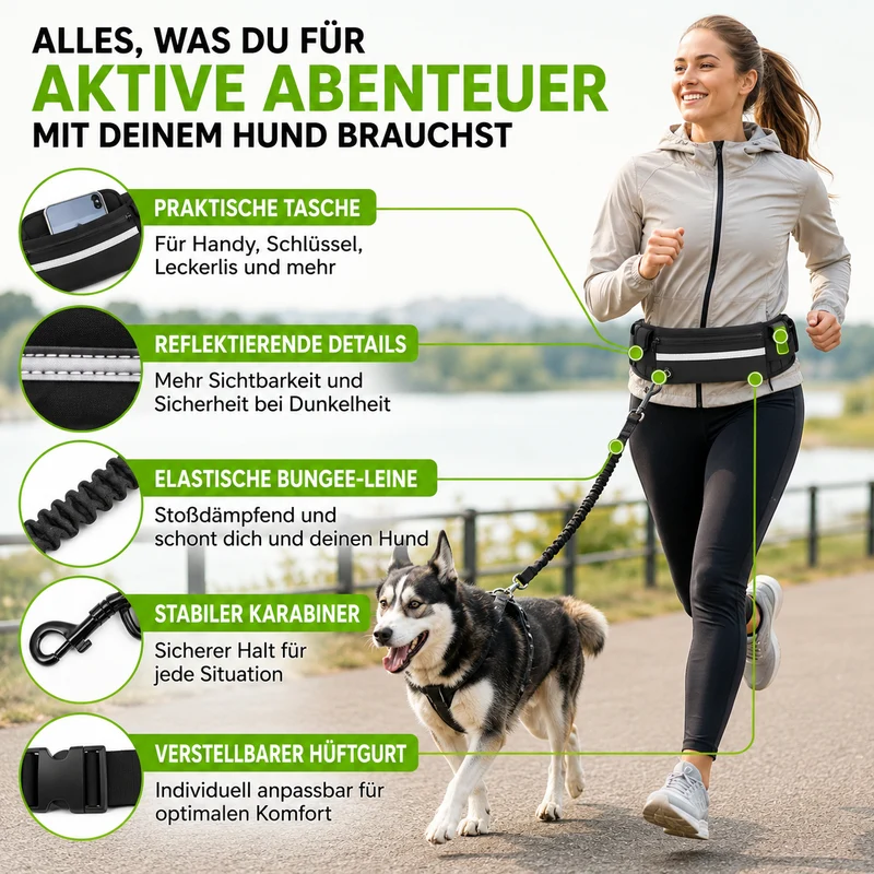Freihand Hundeleine mit Bauchtasche & Bungee-Leine