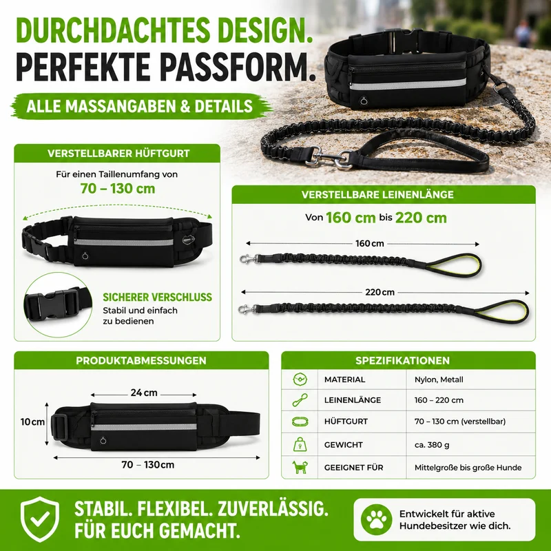 Freihand Hundeleine mit Bauchtasche & Bungee-Leine