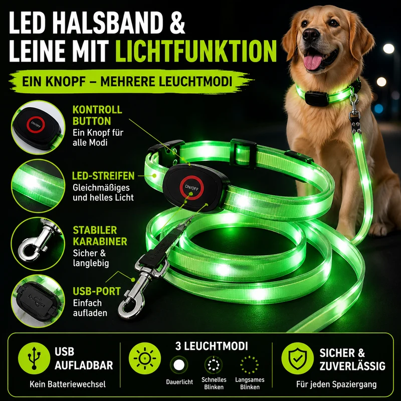 Leuchtendes LED Halsband & Leine für Hunde USB