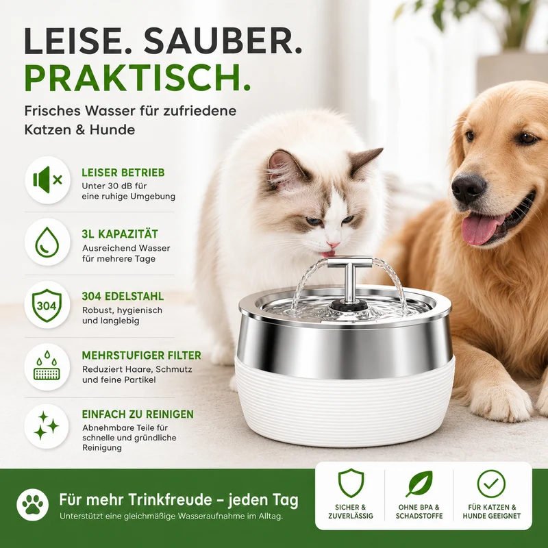 Leiser 3L Edelstahl Trinkbrunnen für Katzen & Hunde