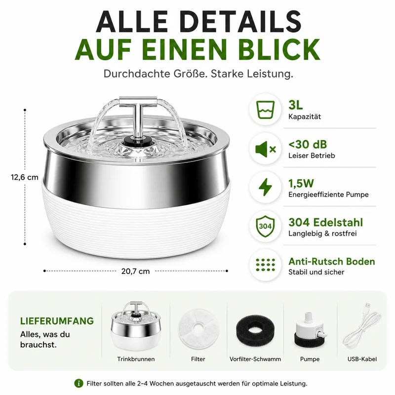 Leiser 3L Edelstahl Trinkbrunnen für Katzen & Hunde