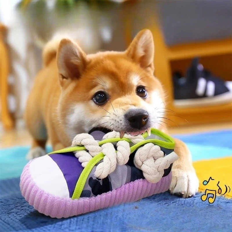 Robustes Hundespielzeug Sneaker mit Seil und Quietschfunktion
