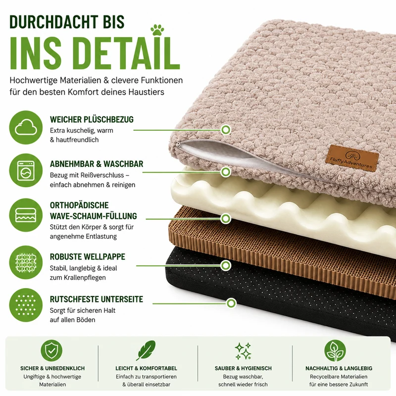Orthopädisches Haustierbett mit Plüschbezug & Anti-Rutsch-Unterseite
