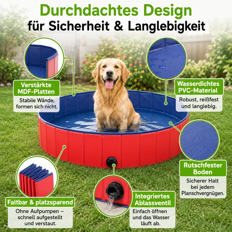 Faltbarer PVC Hundepool mit Abflussventil