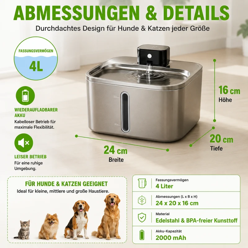 Intelligenter Edelstahl-Trinkbrunnen für Hunde & Katzen – 4 L