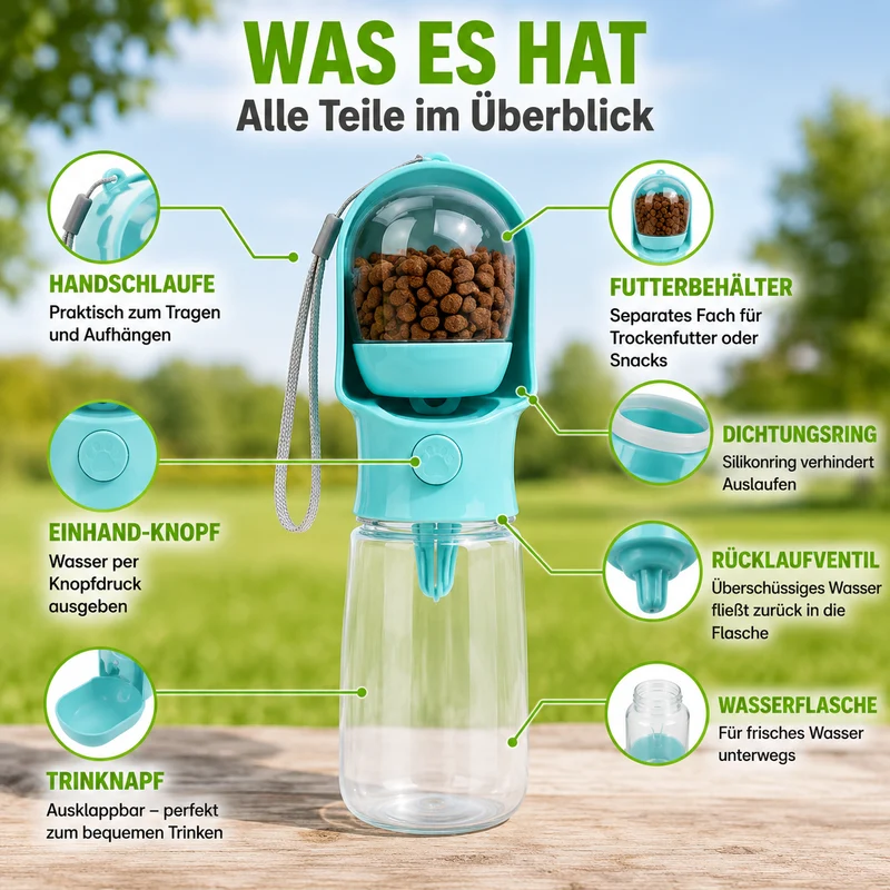 2-in-1 Trinkflasche mit Futterfach für Haustiere