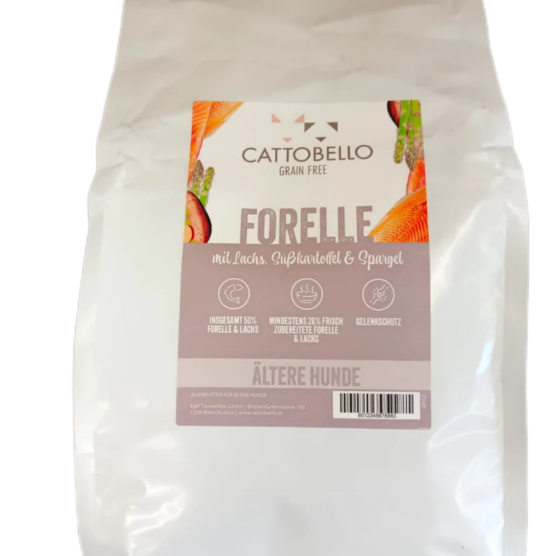 Cattobello Hund Forelle mit Lachs, Süßkartoffel und Spargel Senior