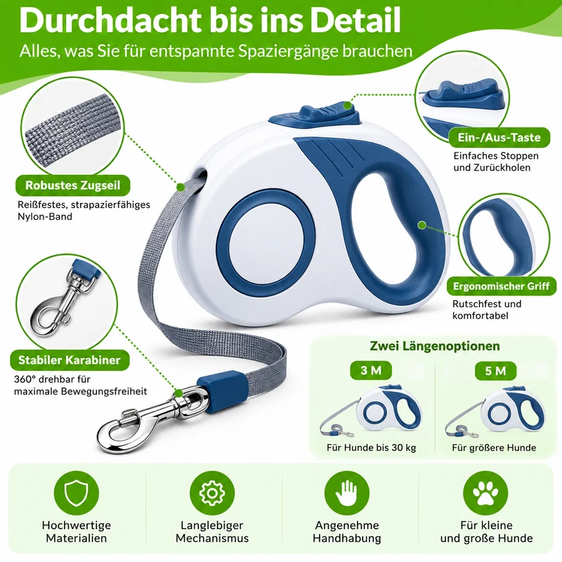 Premium Rollleine für Hunde mit Einzugsautomatik
