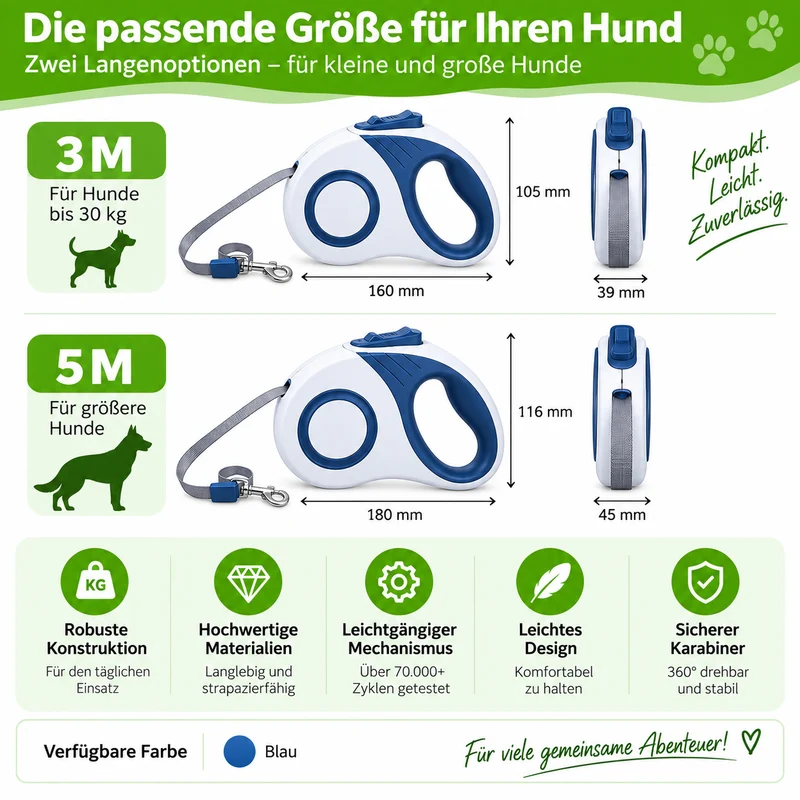 Premium Rollleine für Hunde mit Einzugsautomatik