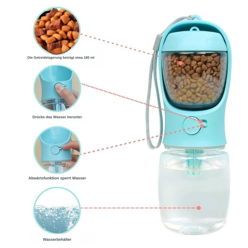 2-in-1 Trinkflasche mit Futterfach für unterwegs