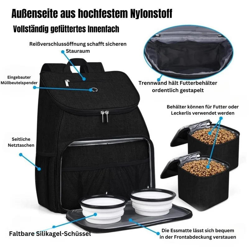 Hunde-Reiserucksack mit Futterbox & Zubehörfach