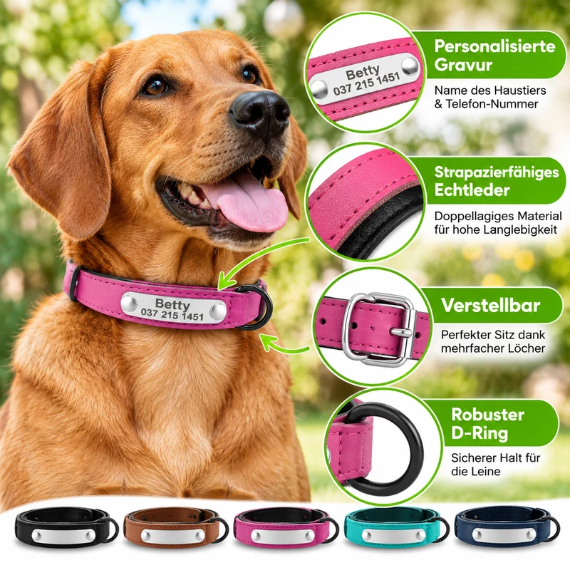 Personalisiertes Hundehalsband aus Leder mit Namensgravur