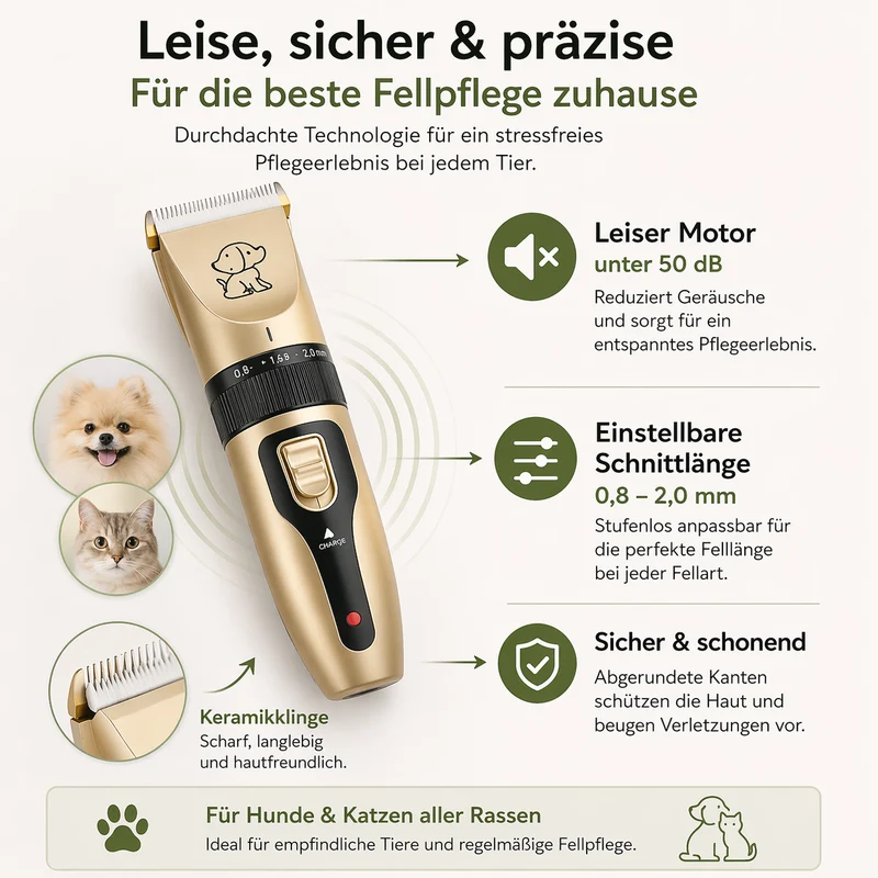 Leiser Tierhaarschneider für Hunde & Katzen mit Keramik-Klinge