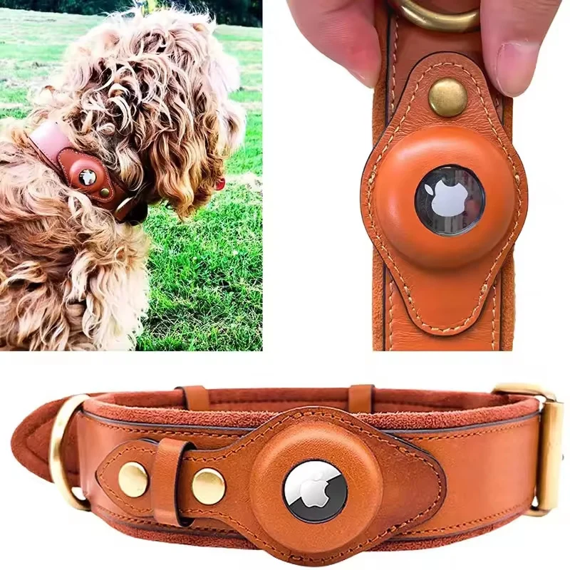 Echtes Lederhalsband mit Airtag-Halter für Hunde