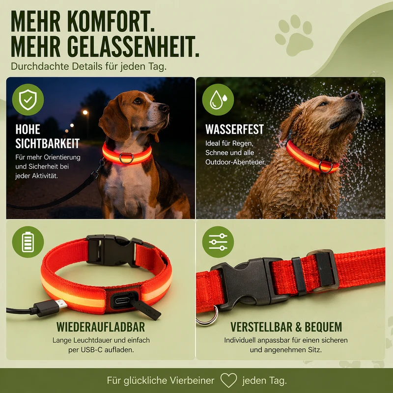 USB-C LED Hundehalsband – 7 Farben, 3 Modi & doppelte D-Ringe