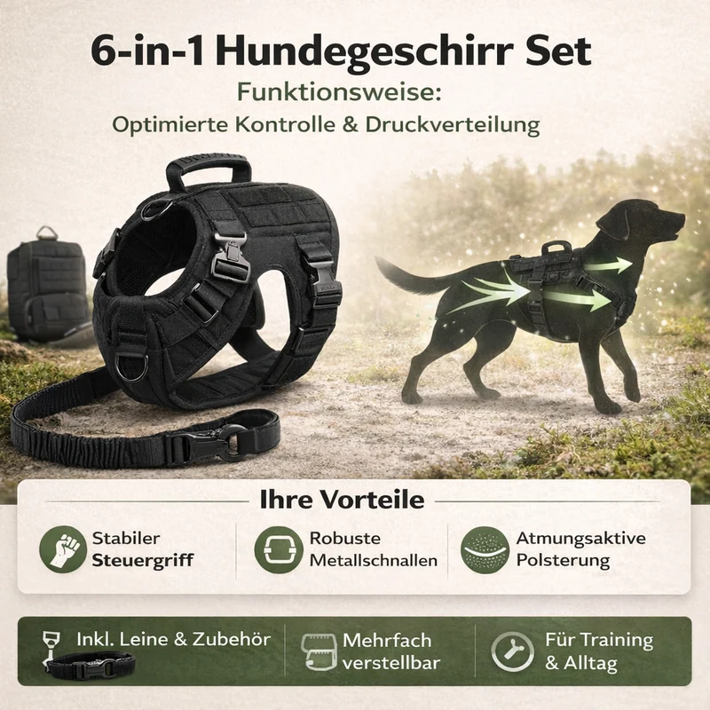 6 in 1 Komplettes Militär Hundegeschirr und Leinen-Set für Training und Spaziergänge