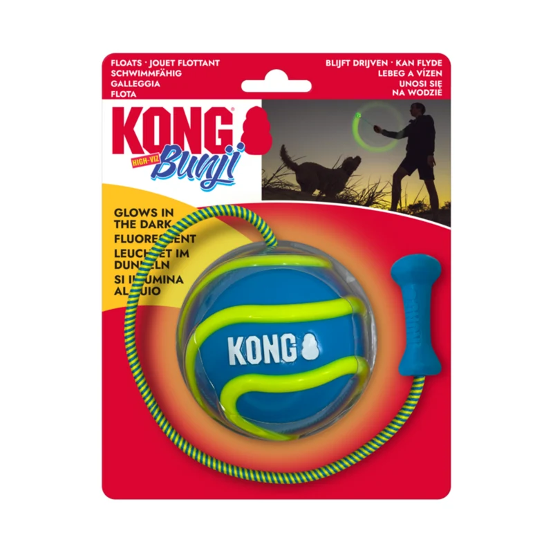 KONG Bunji High-Viz Ball – Leuchtender Hundeball mit Bungee-Seil & schwimmfähig