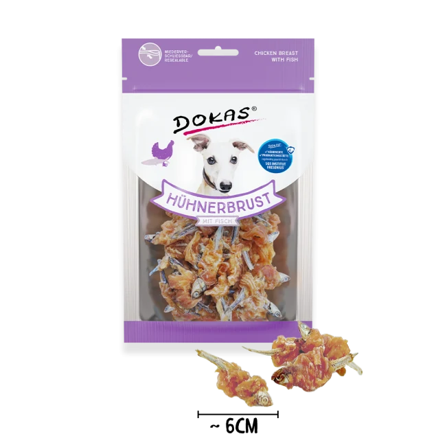 Dokas Hunde-Snack Hühnerbrust mit Fisch – Getreidefreier Hundesnack 70g