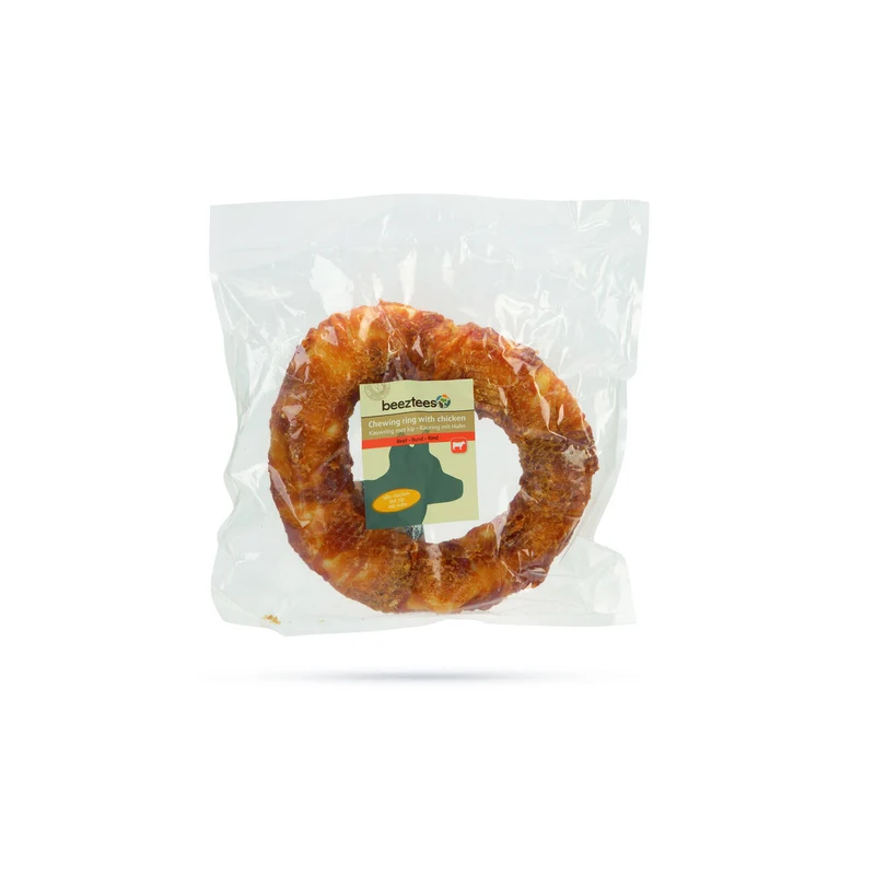 Beeztees Rinderhaut Ring mit Huhn – Kausnack für Hunde
