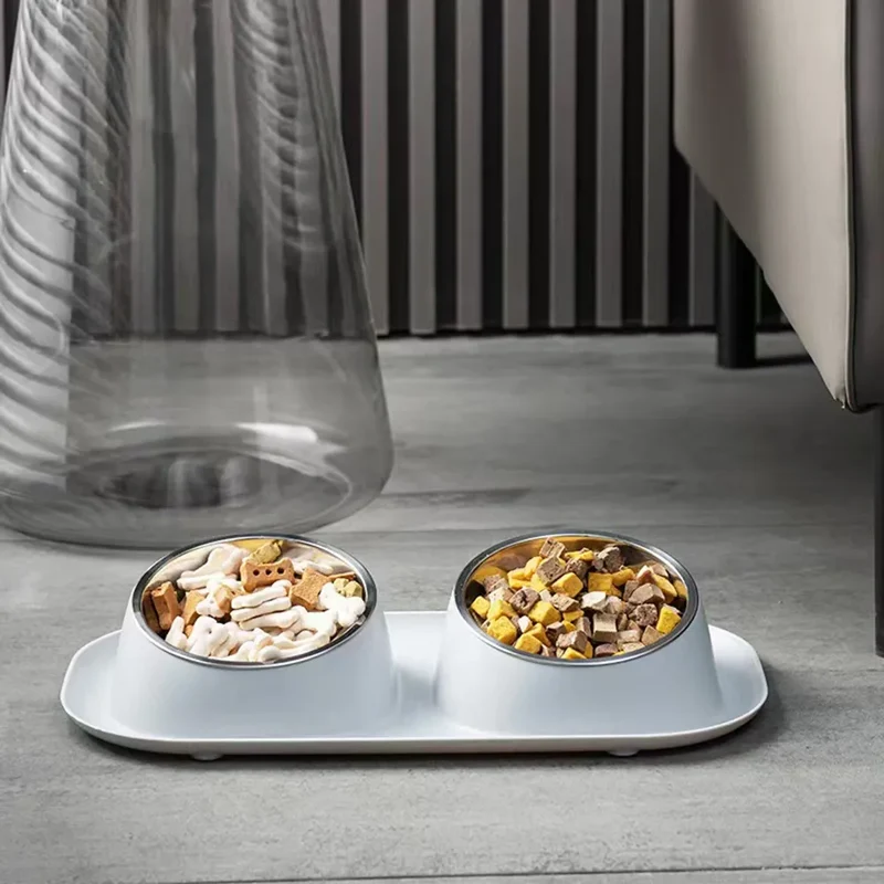 Double Cat Dog Bowl Stainless Steel Cat Food Container Non-slip Base Pet Water Feeder Tilt Safeguard Neck Puppy Cats Bowls
