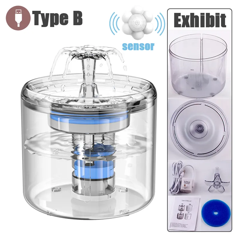 2L Intelligent Cat Water Fountain With Faucet Dog Water Dispenser Transparent Drinker Pet Drinking Filters Feeder Motion Sensor