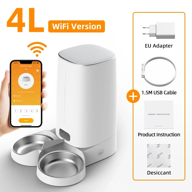 ROJECO Automatic Cat Feeder Pet Cat Food Kibble Dispenser Pet Smart WiFi Remote Control Auto Feeder For Cats Dog Accessories 4L