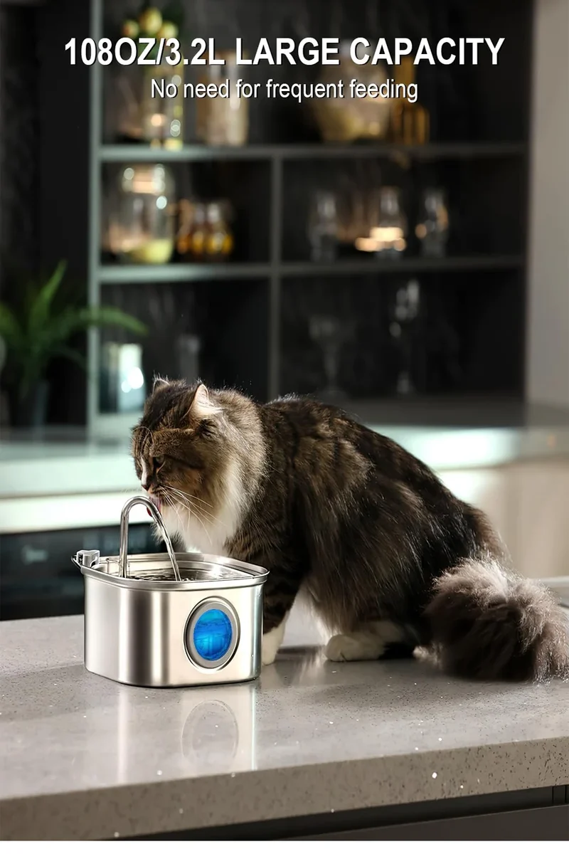 3.2L Cat Automatic Water Dispenser Pet Smart Induction Drinking Feeder USB With Filter Stainless Steel Dog Pet Function Bowl