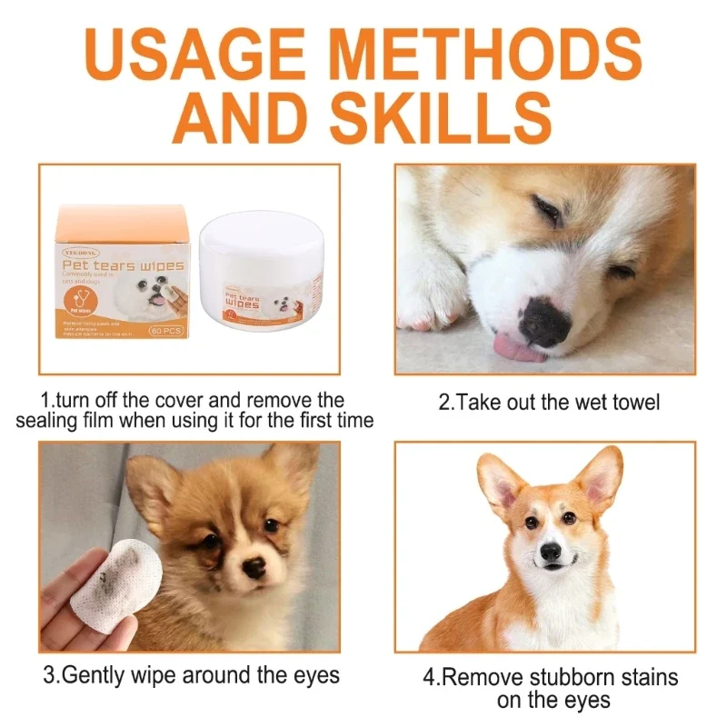60pcs Dog Eye Wipes for Cat Eye Cleaner Pet Wet Wipe Stain Remover Wipes Dog Eye Cleaning Wipes Non-Woven Fabric Pads
