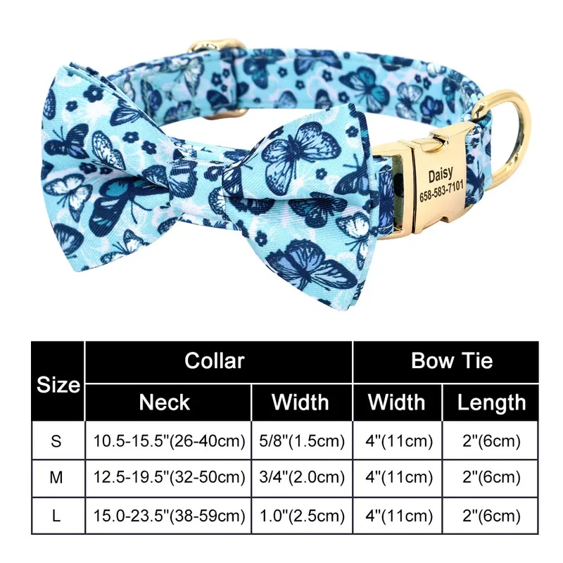 Personalized Nylon Bowknot Dog Collar Custom Printed Chihuahua French Bullodog Collars Adjutable Nameplate For Small Medium Dogs