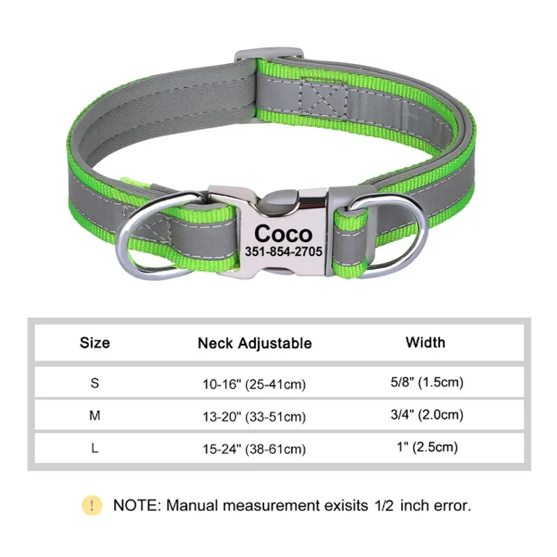 Reflective Personalized Dog Collar Engrave ID Nylon Collars Soft Padded Dogs Collar Adjustable for Small Medium Large Dogs Pug