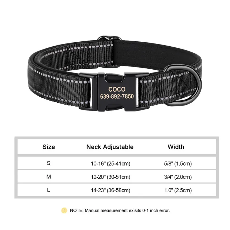 Reflective Personalized Dog Collar Engrave ID Nylon Collars Soft Padded Dogs Collar Adjustable for Small Medium Large Dogs Pug