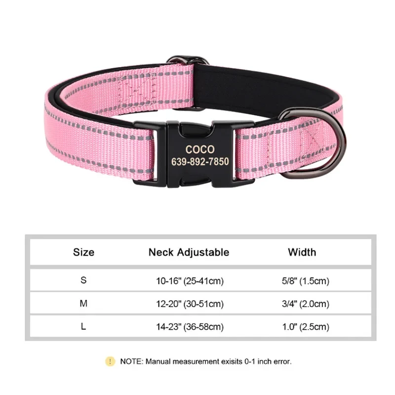 Reflective Personalized Dog Collar Engrave ID Nylon Collars Soft Padded Dogs Collar Adjustable for Small Medium Large Dogs Pug