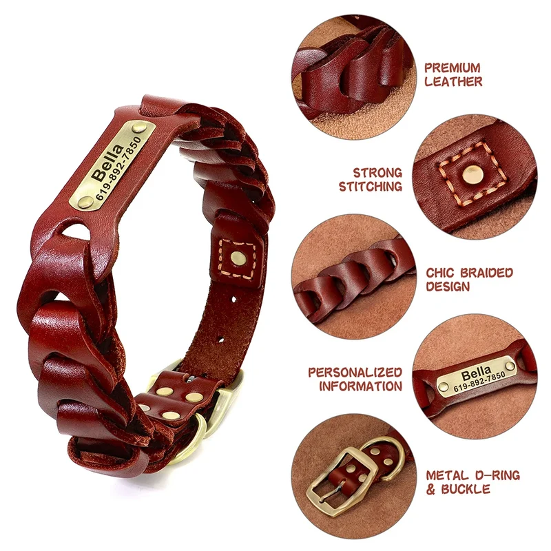 Genuine Leather Dog Collar Custom Leather Medium Large Dog Collars Personalized Pet ID Collars for Dogs Pitbull Engrave Name