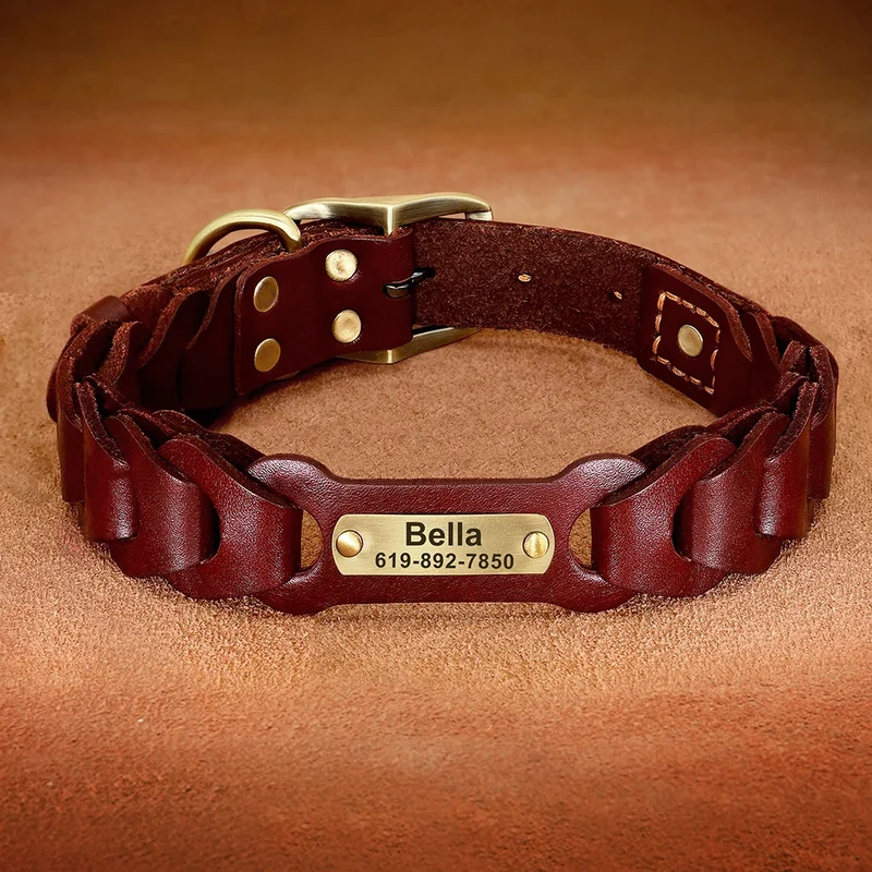 Genuine Leather Dog Collar Custom Leather Medium Large Dog Collars Personalized Pet ID Collars for Dogs Pitbull Engrave Name