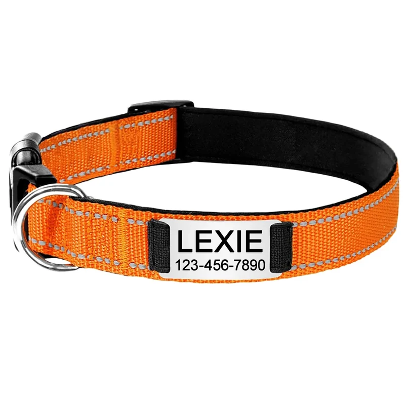 Adjustable Reflective Nylon Dog Collars Custom Engraved Name ID Tag Personalized Luminous Puppy Gleamy Large Unisex Dog Collar