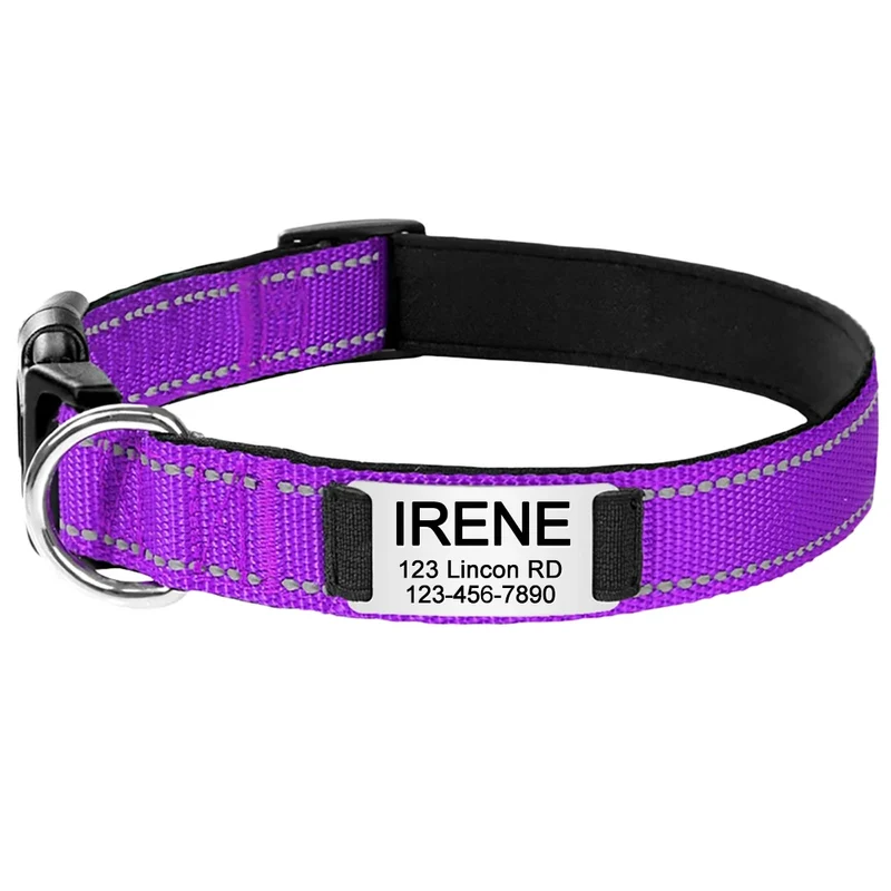 Adjustable Reflective Nylon Dog Collars Custom Engraved Name ID Tag Personalized Luminous Puppy Gleamy Large Unisex Dog Collar