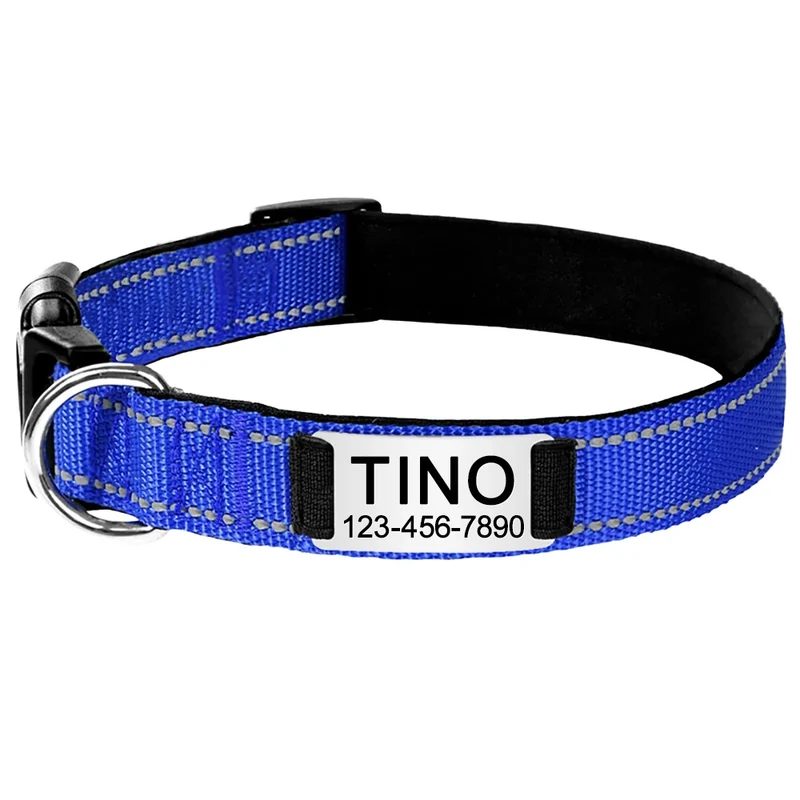 Adjustable Reflective Nylon Dog Collars Custom Engraved Name ID Tag Personalized Luminous Puppy Gleamy Large Unisex Dog Collar