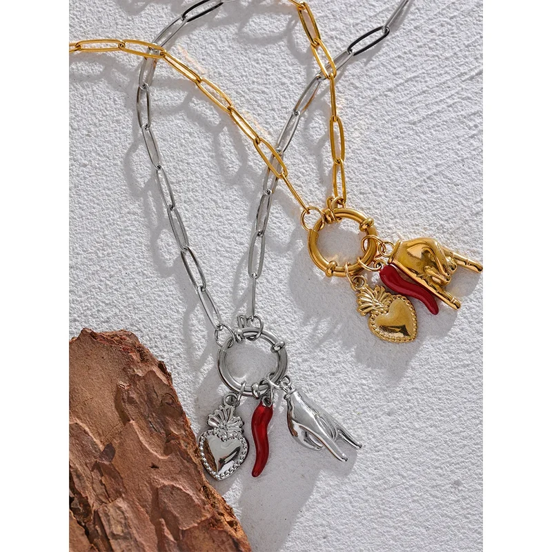 Yhpup Creative 316l Stainless Steel Palm Red Chili Heart Charms Pendant Necklace Personalized Jewelry Attractive Women Accessory