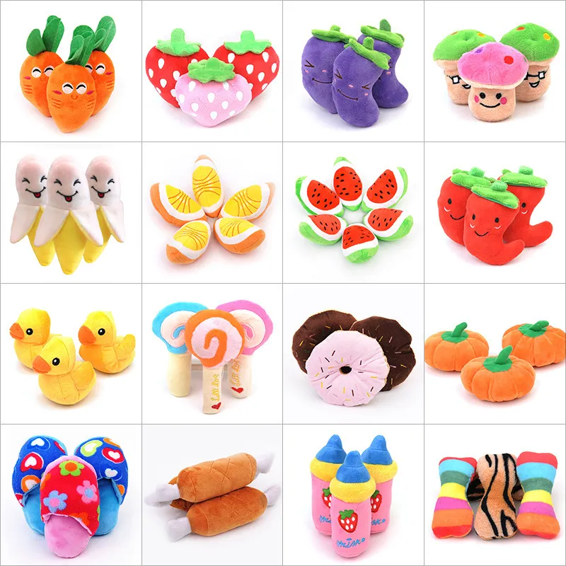 1PC Puppy Squeaky Plush Dog Chew Toys Small Dogs Plush Toy Vegetable Fruit Bone Soft Training Toy Pet Supplies
