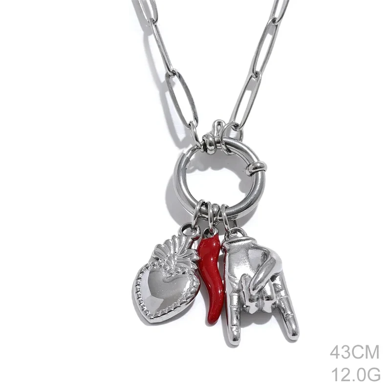 Yhpup Creative 316l Stainless Steel Palm Red Chili Heart Charms Pendant Necklace Personalized Jewelry Attractive Women Accessory