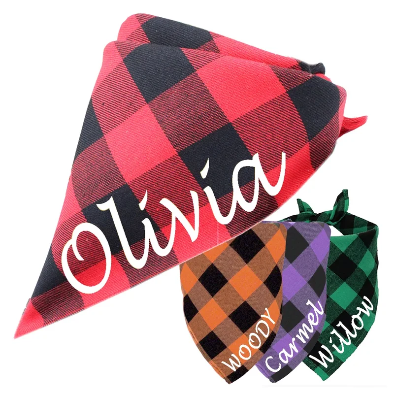 Personalized Name ID Pet Bandanas for Dog Cat Plaid Triangular Bib Scarf Collar Pet Items Puppy Accessories