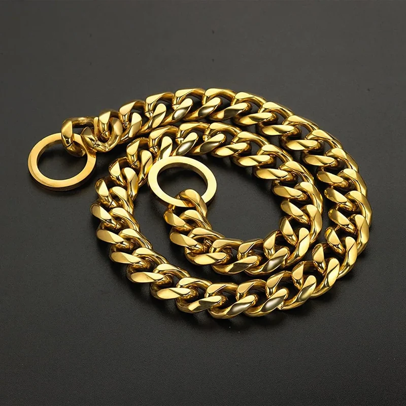 Dog Chain Collar Silvery Golden 15MM Width Cuban Link Chain for Dogs Strong Smooth Stainless Steel Metal Pet Training Slip Chain